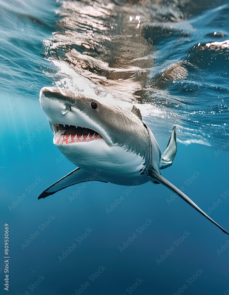 Fototapeta premium Great White Shark in blue ocean