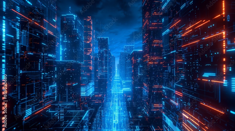 A digital city with blue and orange lights.