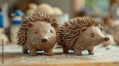 Two clay figurines of hedgehogs are sitting on a table photo