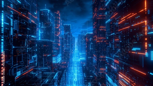 A digital city with blue and orange lights.