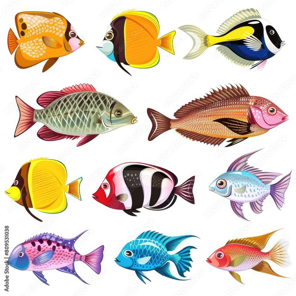 Various brightly colored fish swimming together on a plain white background Various brightly colored fish swimming together on a plain white background