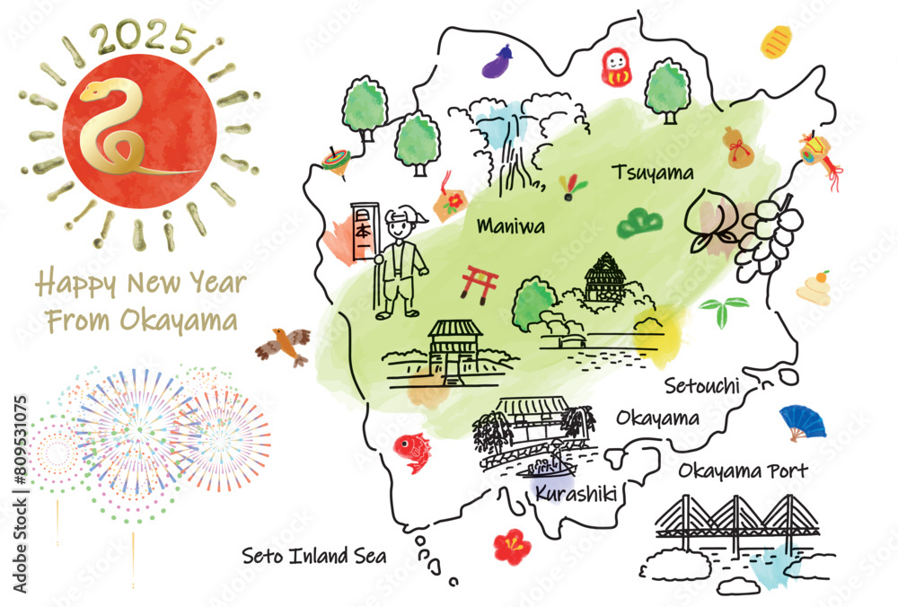 Naklejka premium 岡山県の観光地のイラストマップ年賀状2025年