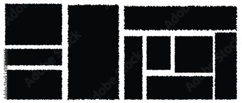 Set of grunge jagged rectangle shape. Black torn paper sheet for sticker, collage, banner. Vector illustration isolated on white background. eps 10