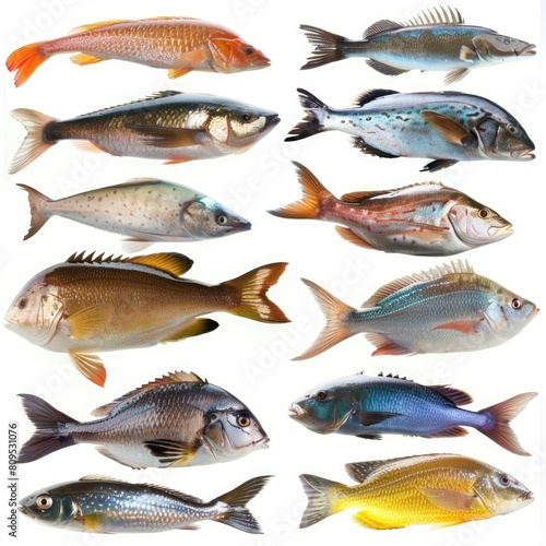 Various types of fish displayed on a white background photo