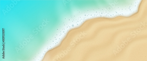 Sea or ocean beach with sand and blue water wave with white foam top view. Realistic 3d vector summer background for seashore vacation concept. Tropical beachfront sandy texture. Coastline landscape.
