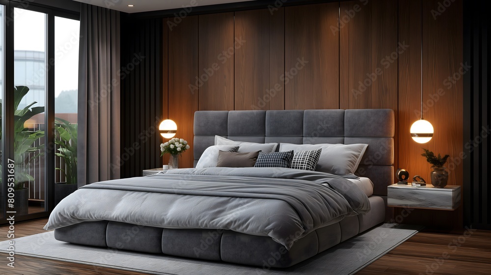 Fototapeta premium Cozy contemporary bedroom with wood paneling and soft gray accents