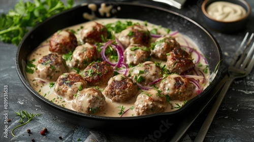 Swedish Meatballs with Cream Sauce in a skillet, Gray background