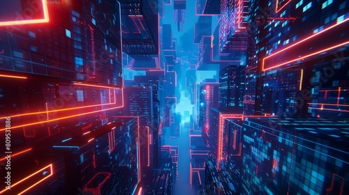 A digital city with blue and red lights
