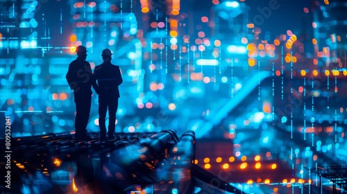 Two figures in hard hats stand on a rooftop overlooking a futuristic cityscape.