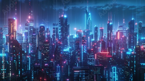 A digital painting of a cyberpunk city at night. The city is full of tall buildings  neon lights  and flying cars. The sky is dark and cloudy.