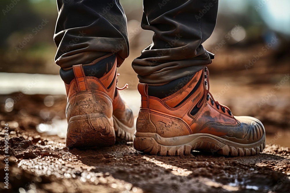 Closeup of a construction worker s boots and the rugged terrain of the site, emphasizing the tough conditions and durability needed in construction Closeup of a construction worker s boots and the rugged terrain of the site, emphasizing the tough conditions and durability needed in construction