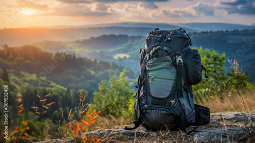 Modern backpack, new hiking equipment sitting on hill top  © robfolio