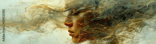 A double exposure captures a sad womans visage merged with the tumultuous imagery of a brewing storm AI Generate