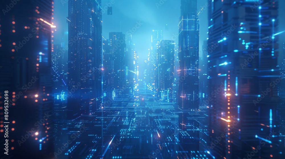 A digital city with blue glowing lights