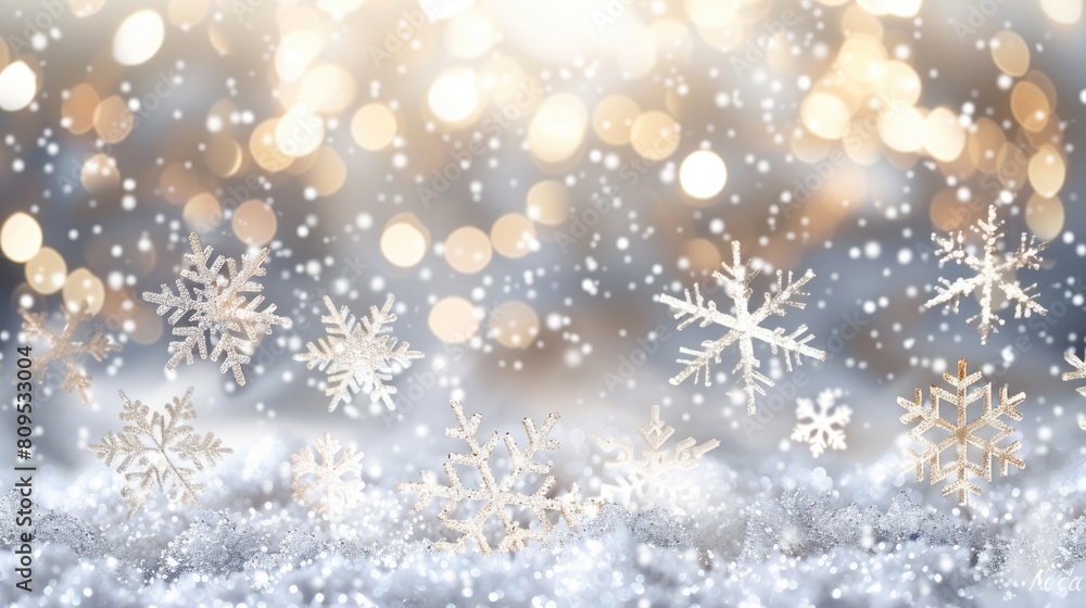 Serene Winter Snowflakes and Golden Bokeh Background