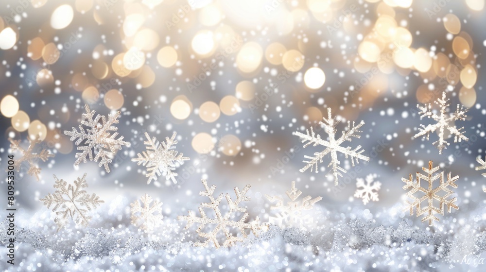 Serene Winter Snowflakes and Golden Bokeh Background Serene Winter Snowflakes and Golden Bokeh Background