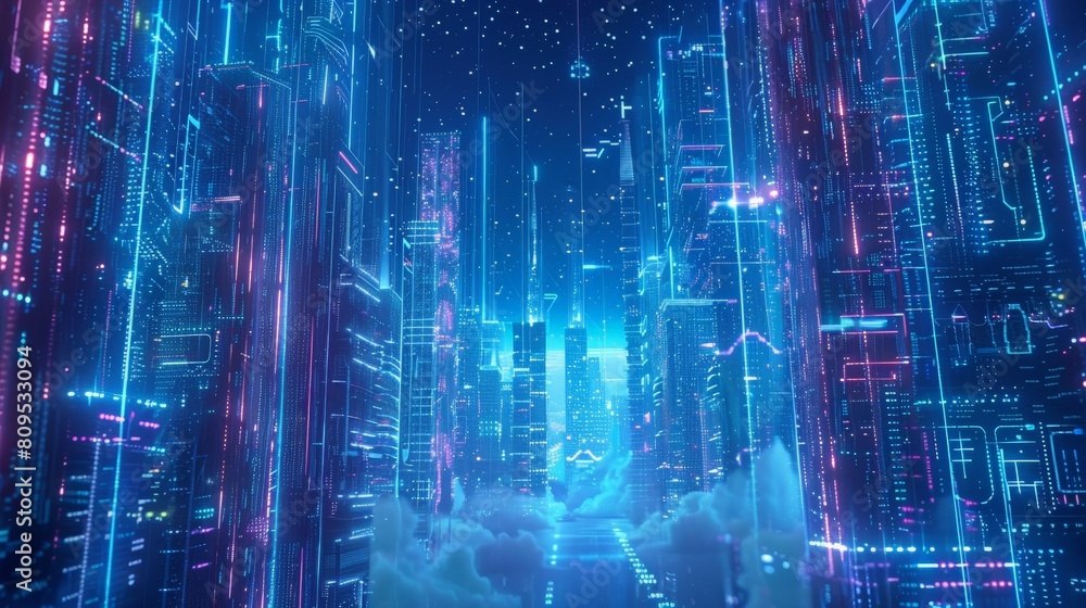 A digital city with blue and pink neon lights