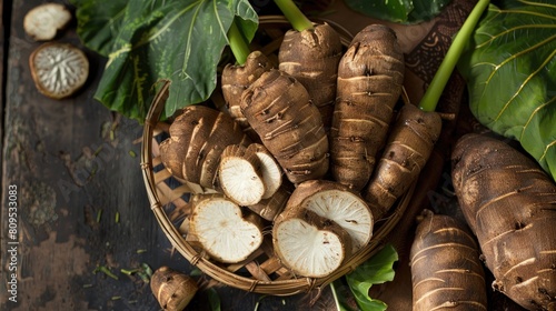 Taro root also known as Colocasia esculenta is a dietary mainstay in African Oceanic and South Asian societies