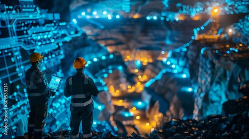 Two engineers in hard hats and safety vests use a digital tablet to monitor a futuristic underground mining operation. photo