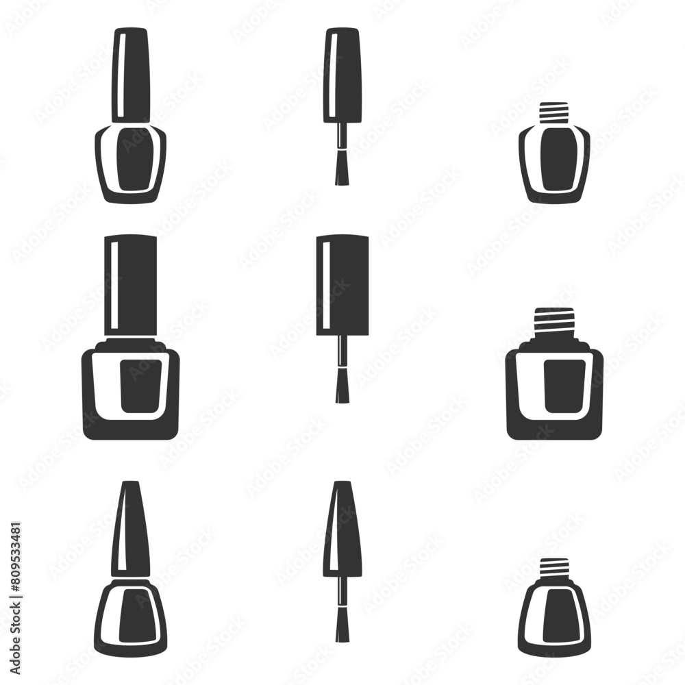 Set Nail Polish Bottle and Cap Silhouette Logo Design Element Set Nail Polish Bottle and Cap Silhouette Logo Design Element