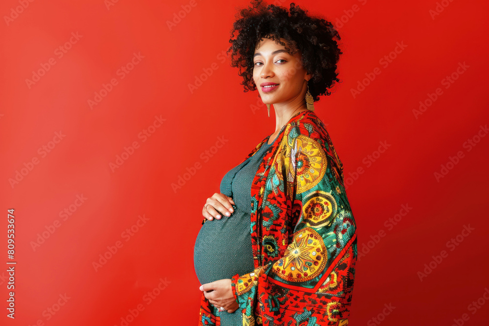 Beautiful pregnant woman standing on color solid background. ai generative