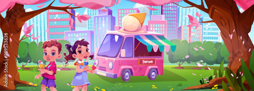 Kids eating ice cream in waffle cone. Cartoon vector illustration of summer or spring city park landscape with food truck and happy child boy and girl with cold dessert under pink flowering trees.