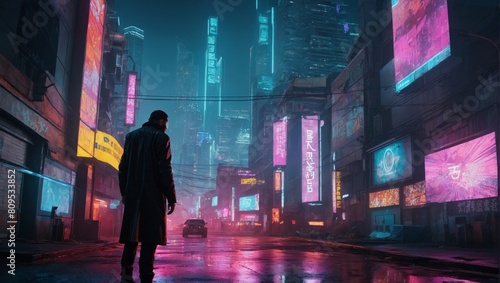 In the Shadows of Cyberpunk City  A Detective Stands in Dimly Lit Alleyway.