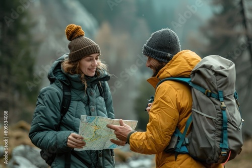 A couple with a backpack consults a map while hiking in the mountains © Anna