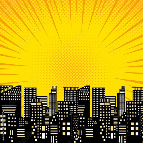 Comic book style cityscape pop art, Comic template, cartoon superhero page layout, comic scene, Tall skyscrapers of saturated and bright color photo
