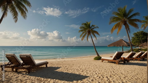 Tropical beach background as summer landscape with lounge chairs  palm trees and calm sea for beach