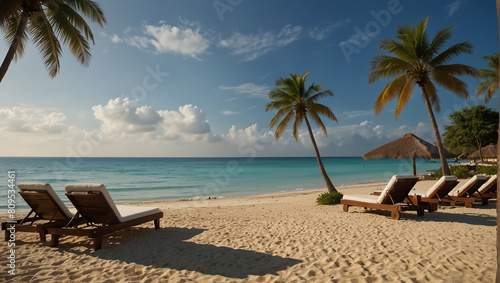 Tropical beach background as summer landscape with lounge chairs, palm trees and calm sea for beach