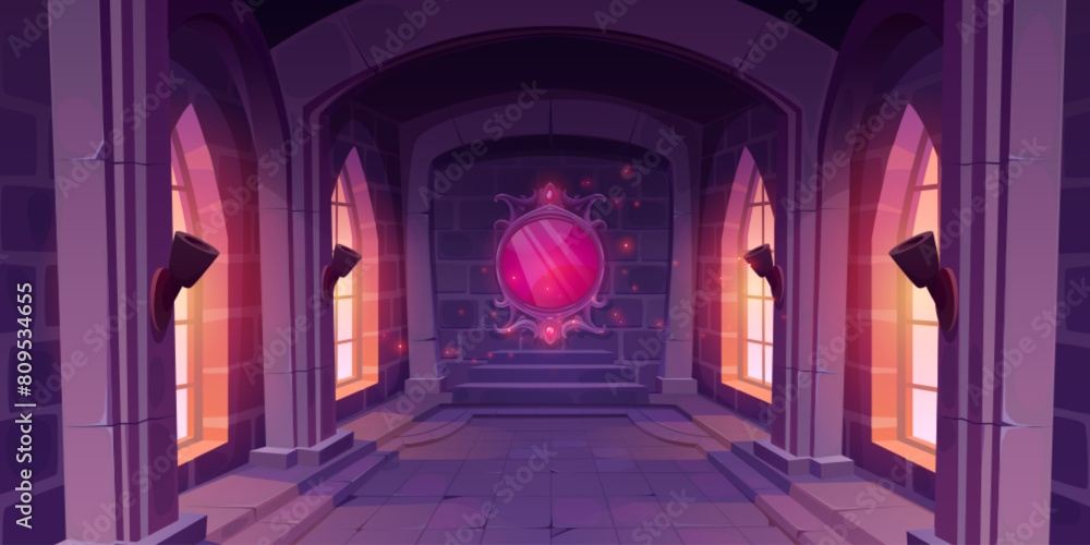 Magic mirror with pink glow and sparkles hanging on wall of castle hall with big windows and torches. Cartoon vector medieval hallway with fantasy mystery portal for fairy tale or game ui design. Magic mirror with pink glow and sparkles hanging on wall of castle hall with big windows and torches. Cartoon vector medieval hallway with fantasy mystery portal for fairy tale or game ui design.