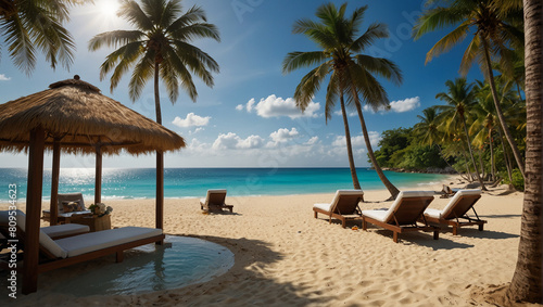 Tropical beach background as summer landscape with lounge chairs, palm trees and calm sea for beach © mukhlesurrahaman370