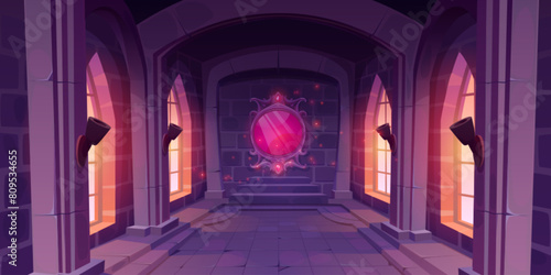 Magic mirror with pink glow and sparkles hanging on wall of castle hall with big windows and torches. Cartoon vector medieval hallway with fantasy mystery portal for fairy tale or game ui design.