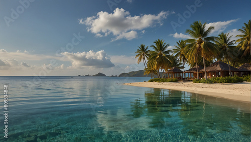 Tropical beach background as summer landscape with lounge chairs  palm trees and calm sea for beach