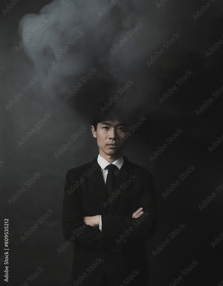  Man in black suit vanishing in a dark black smoke from head, surreal emotional concept 