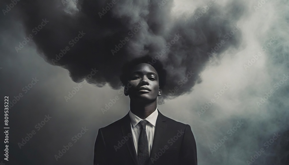  Man in black suit vanishing in a dark black smoke from head, surreal emotional concept 