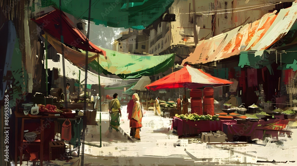 A lively street market scene featuring a green tent and a red table, bustling with activity