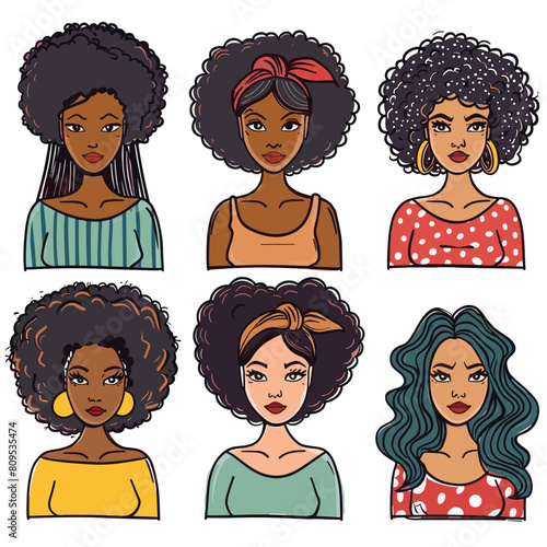 Six diverse African American women vector icons. Portraits feature different hairstyles, expressions, fashion styles elegant casual. Women diverse skin tones, hair colors, styles, earrings, clothing