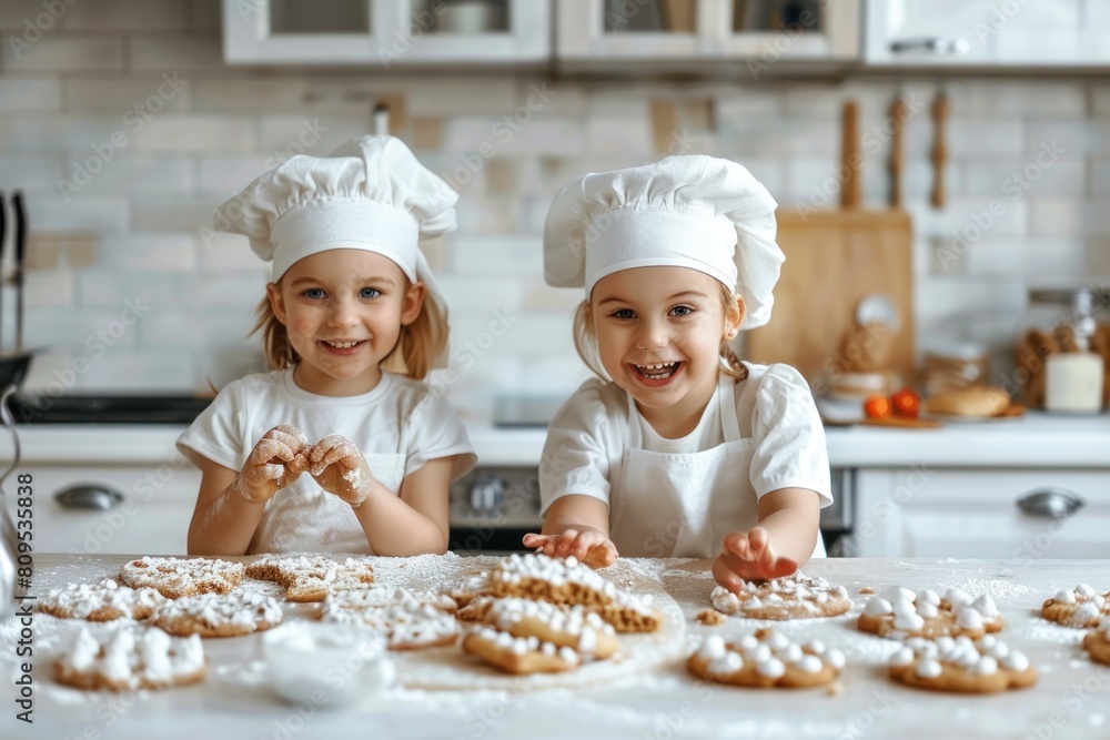 Happy kids baking delicious cookies white modern kitchen background Happy kids baking delicious cookies white modern kitchen background