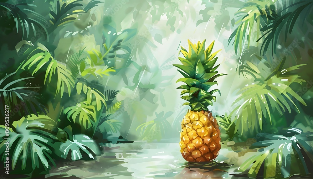 A tropical pineapple scene, vibrant and colorful, rendered in cartoon watercolor style A tropical pineapple scene, vibrant and colorful, rendered in cartoon watercolor style