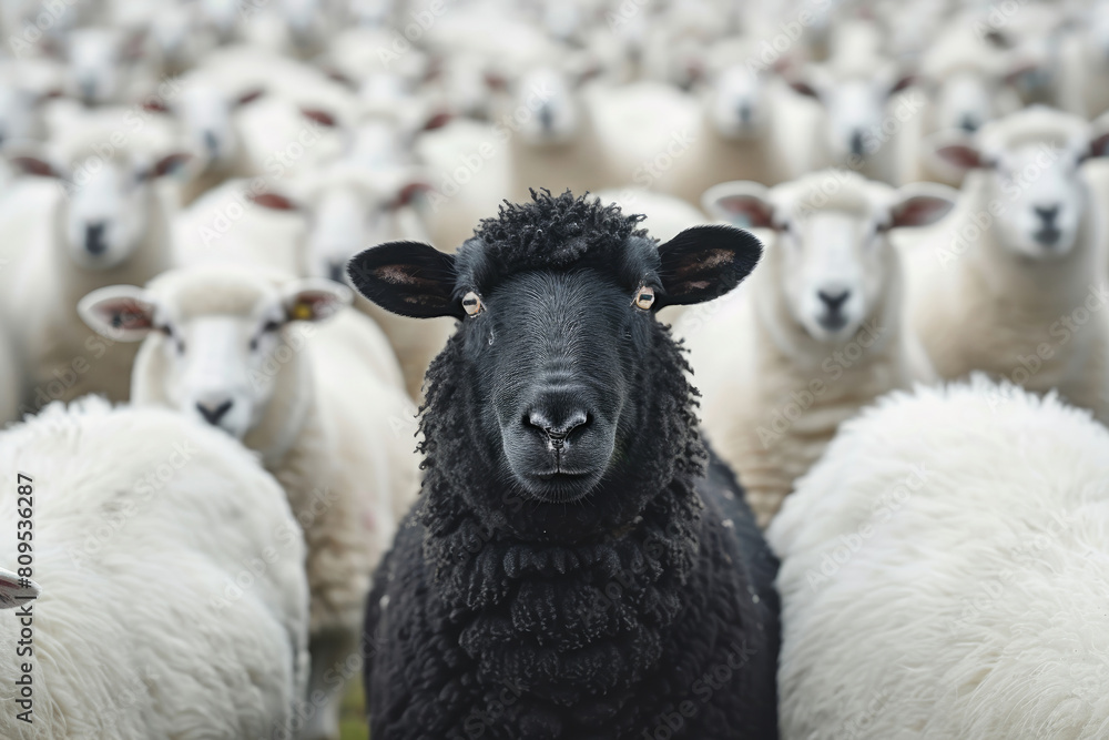 Fototapeta premium A black sheep among a flock of white sheep, raising head as a leader. Being different and unique with its own identity and special skills among the others