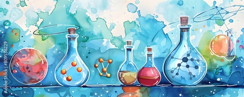 Vibrant illustrations of science beakers and molecules in science-themed blues