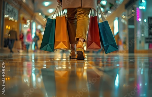Back view of woman's legs holding colorful shopping bags walking in mall.