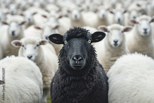 A black sheep among a flock of white sheep, raising head as a leader. Being different and unique with its own identity and special skills among the others