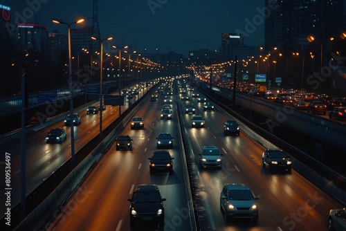 Road at night full with cars driving