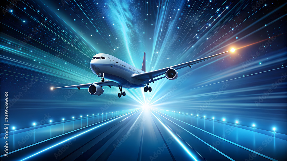 Abstract Digital Flight Plane in Night Sky. Perfect for: World Tourism Day, International Civil Aviation Day, Summer Solstice, Travel Agencies, Vacation Promotions, Airline Technology Websites. Abstract Digital Flight Plane in Night Sky. Perfect for: World Tourism Day, International Civil Aviation Day, Summer Solstice, Travel Agencies, Vacation Promotions, Airline Technology Websites.