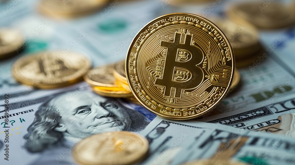 Golden bitcoin dominance over us dollar - Cryptocurrency ascendancy and financial evolution visualized with btc emblem and paper currency background Golden bitcoin dominance over us dollar - Cryptocurrency ascendancy and financial evolution visualized with btc emblem and paper currency background