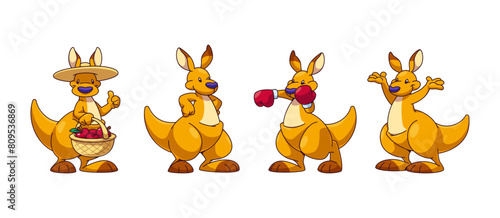Funny happy kangaroo character mascot. Cartoon wallaby in different poses and face emotions. Australian animal standing in hat with apples in basket, boxing in red gloves, with hands on sides and up.