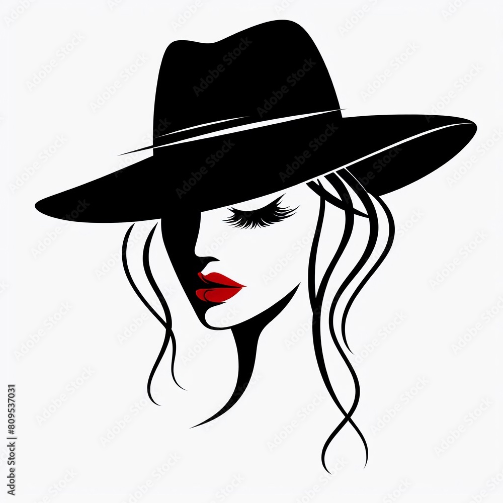 Illustration vector woman in black hat and red lips Illustration vector woman in black hat and red lips